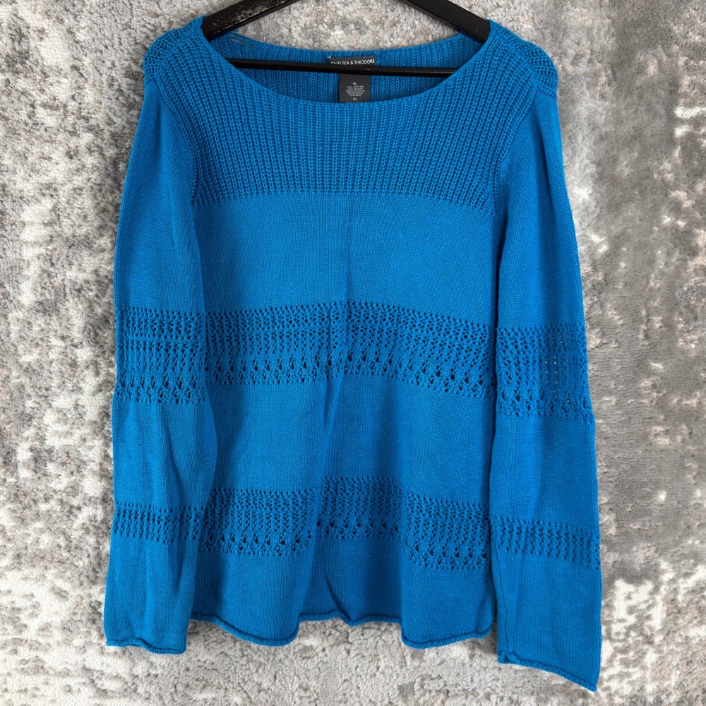 Chelsea Theodore Size XL Pointelle Knit Pullover Sweater Blue Long Sleeve Women